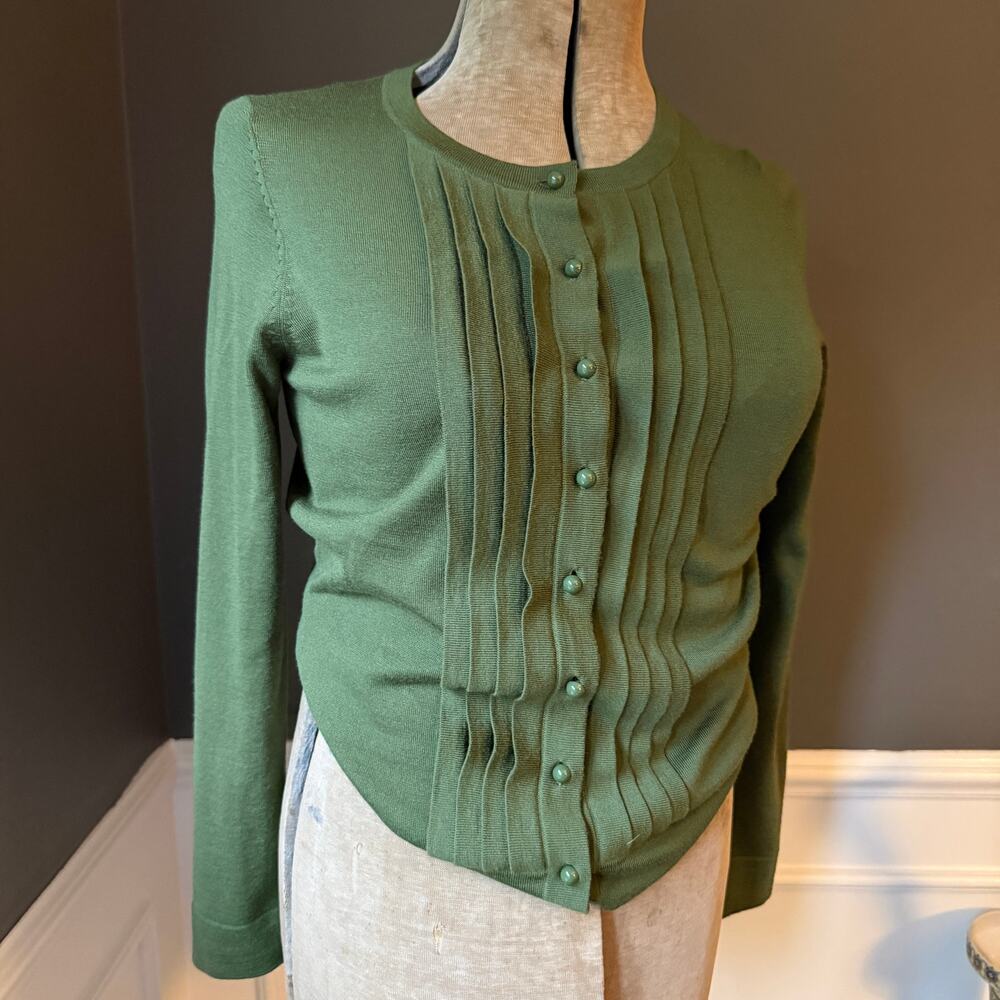 Talbots Italian Merino Wool Cardigan Olive Green Pintuck Pleated S